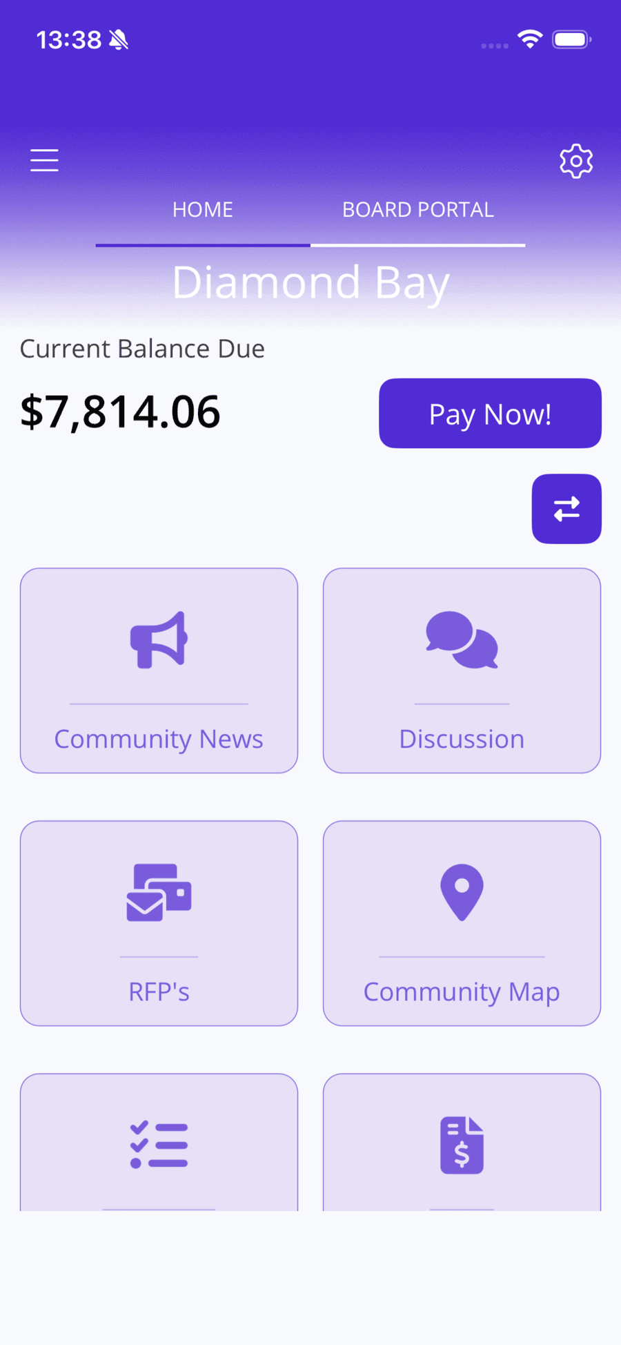 Community Link app home screen showing the current balance due and a Pay Now button